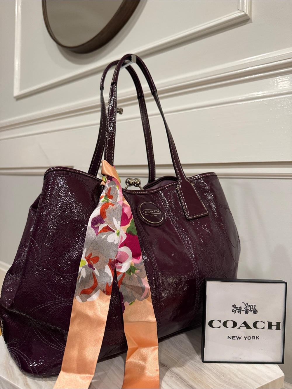 COACH Bag Purple Plum Patent Leather Signature Stitch Kisslock Tote